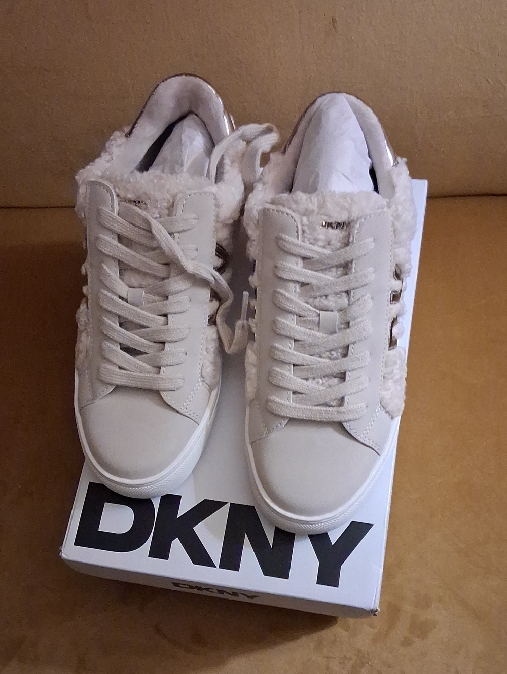 DKNY Cream Faux-Shearling Trim Women's Sneakers